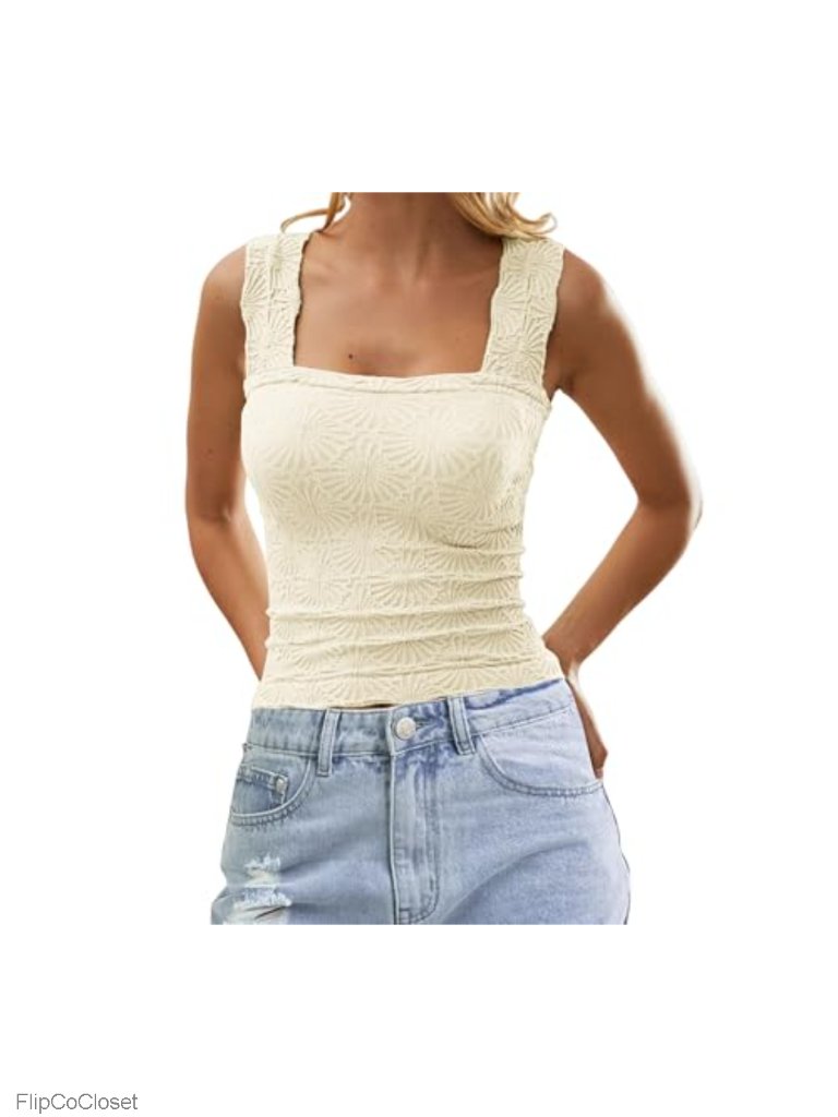 Women Square Neck Wide Strap Crop Tank Top Sleeveless Floral Lettuce Trim